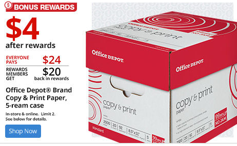 Office Depot: 5 Ream Case of Copy & Print Paper $4