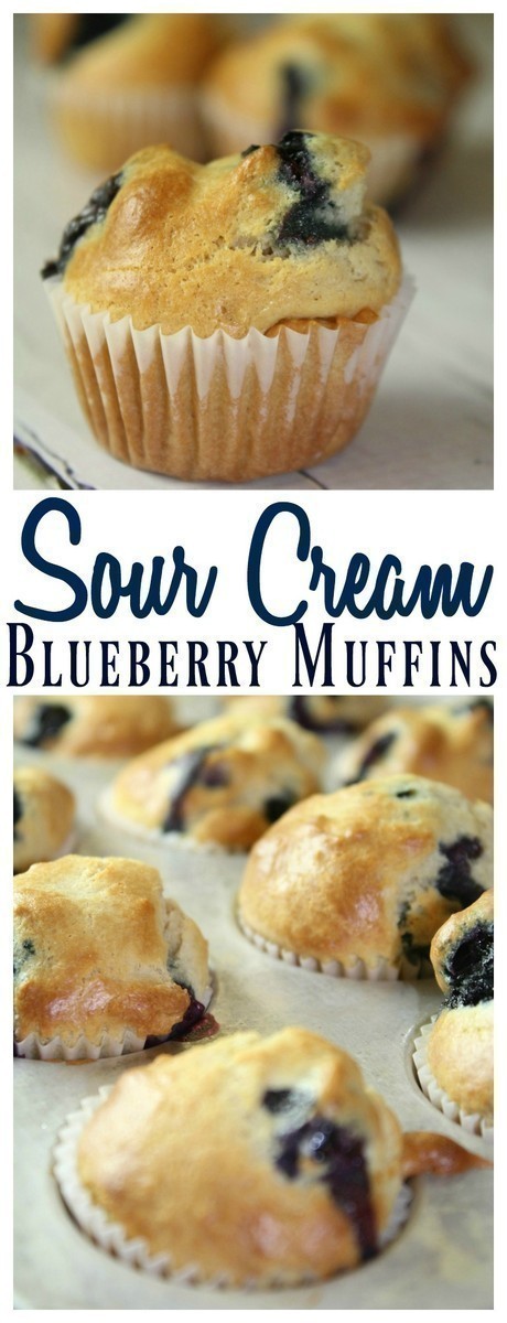 These Sour Cream Blueberry Muffins are not your traditional muffin!  They are a blend of coconut oil, minimal sugar and fresh blueberries encapsulated in a yummy sour cream batter.