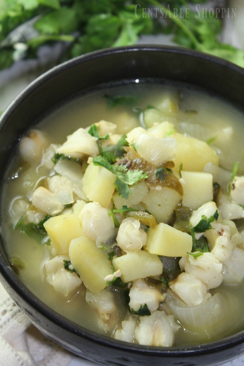 Combine potatoes, poblano chiles and hominy in this rich and hearty soup that is easy to make & full of flavor.