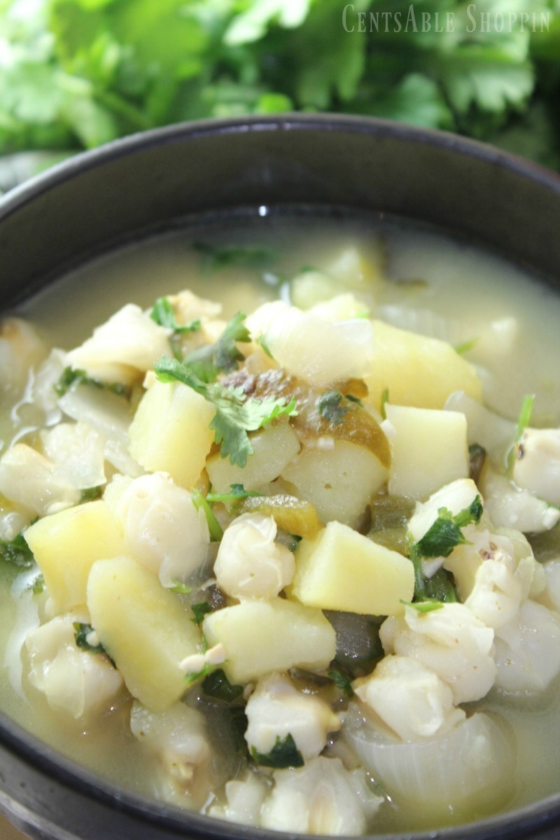 Combine potatoes, poblano chiles and hominy in this rich and hearty soup that is easy to make & full of flavor.