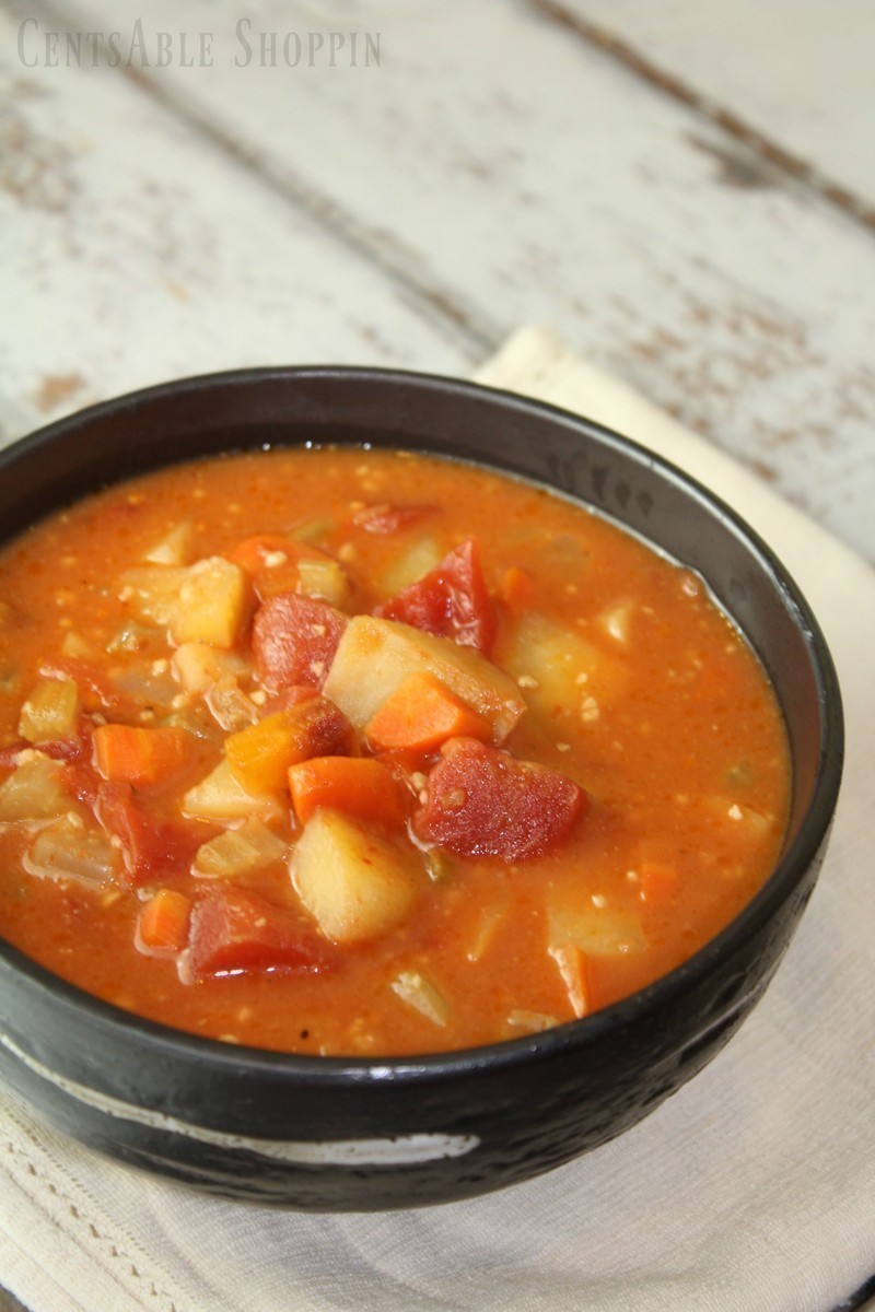 Lots of hearty vegetables simmer in a rich veggie broth with tomatoes to make this hearty vegetable soup.