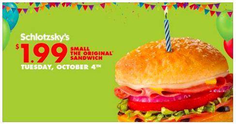 Schlotzky’s Deli: Small Original Sandwich $1.99