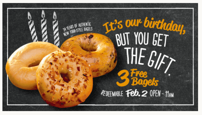 Bruegger’s Bagels: 3 FREE Bagels on February 2nd