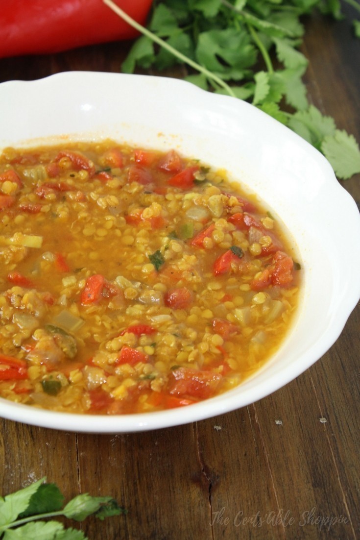 This Instant Pot Mexican Lentil Stew combines red lentils with a variety of garden vegetables to make a quick dinner and meatless meal!