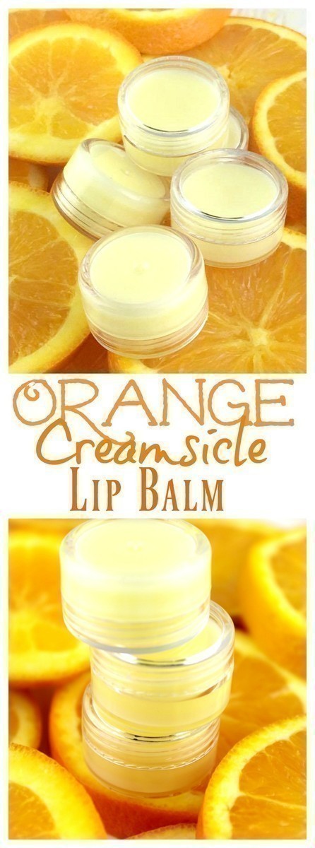 Dry lips? Whip up this DIY Orange Creamsicle Lip Balm with orange and vanilla. It's easy to make and keeps your lips beautifully nourished!