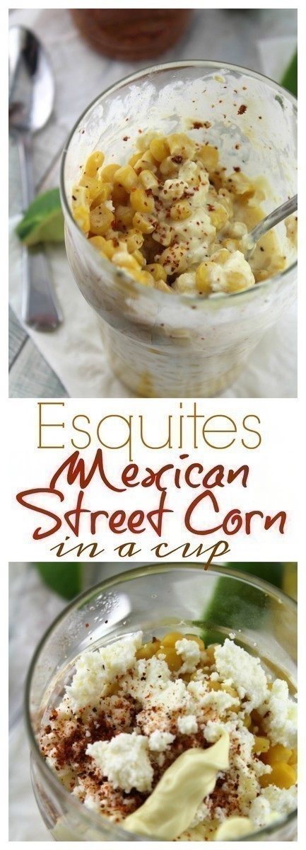 Esquites is a an off the cob version of elotes - grilled Mexican Sweet Corn smothered in creamy, chile lime sauce and served in a cup.