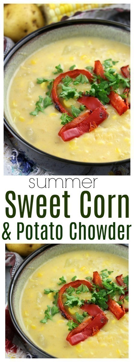 This rich and creamy corn chowder is filled with warm spices like paprika and cayenne pepper, combined with potatoes and topped with roasted peppers. It's the perfect soup for summer! 