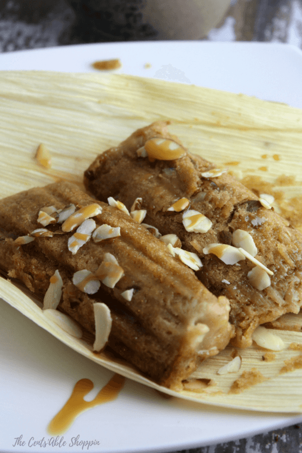 A change from traditional Mexican tamales, sweet tamales with cajeta combine brown sugar, cinnamon, and almonds or walnuts cooked in the Instant Pot and drizzled with cajeta and sprinkled with additional almonds.