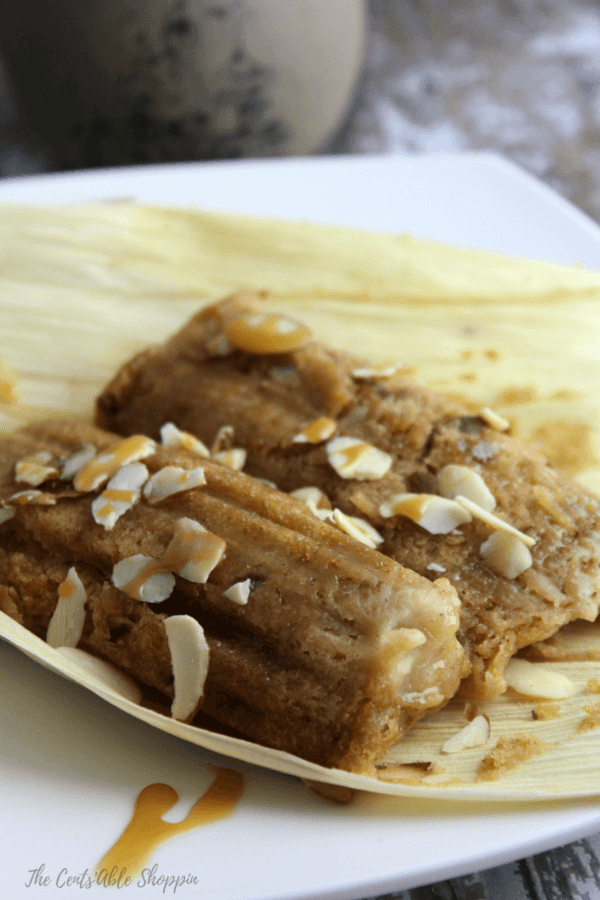 A change from traditional Mexican tamales, sweet tamales with cajeta combine brown sugar, cinnamon, and almonds or walnuts cooked in the Instant Pot and drizzled with cajeta and sprinkled with additional almonds.