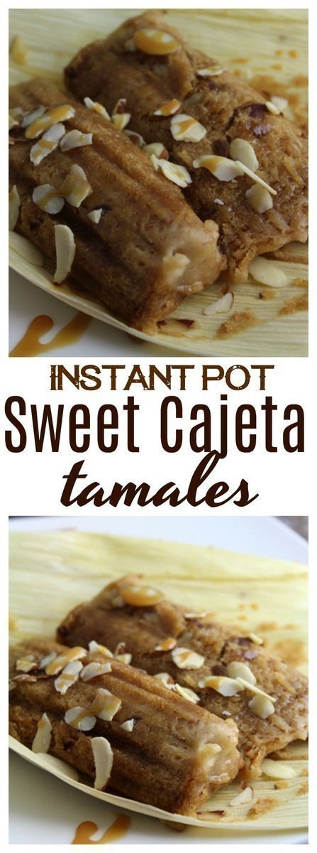 A change from traditional Mexican tamales, sweet tamales with cajeta combine brown sugar, cinnamon, and almonds or walnuts cooked in the Instant Pot and drizzled with cajeta and sprinkled with additional almonds.