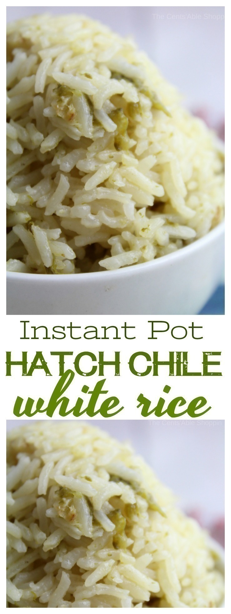 Kick traditional white rice up a notch with the addition of green chiles and minced garlic in a flavorful chicken broth.  #InstantPot #HatchChiles #rice #PressureCooker #rice