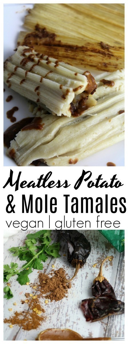 Beautifully mashed potatoes smothered in a rich, fragrant mole sauce come together to make these meatless tamales with potato and mole that are Vegan friendly!