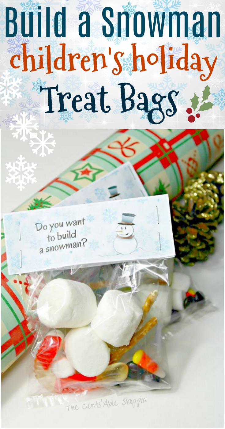 These Build a Snowman Children's Holiday Treat Bags are an adorable way to help kids get in the spirit of the holiday season.  Assembled with just a few simple items, they would be a wonderful idea for classrooms, youth groups & more!  #children #kids #snowman #christmas #holiday #treatbag