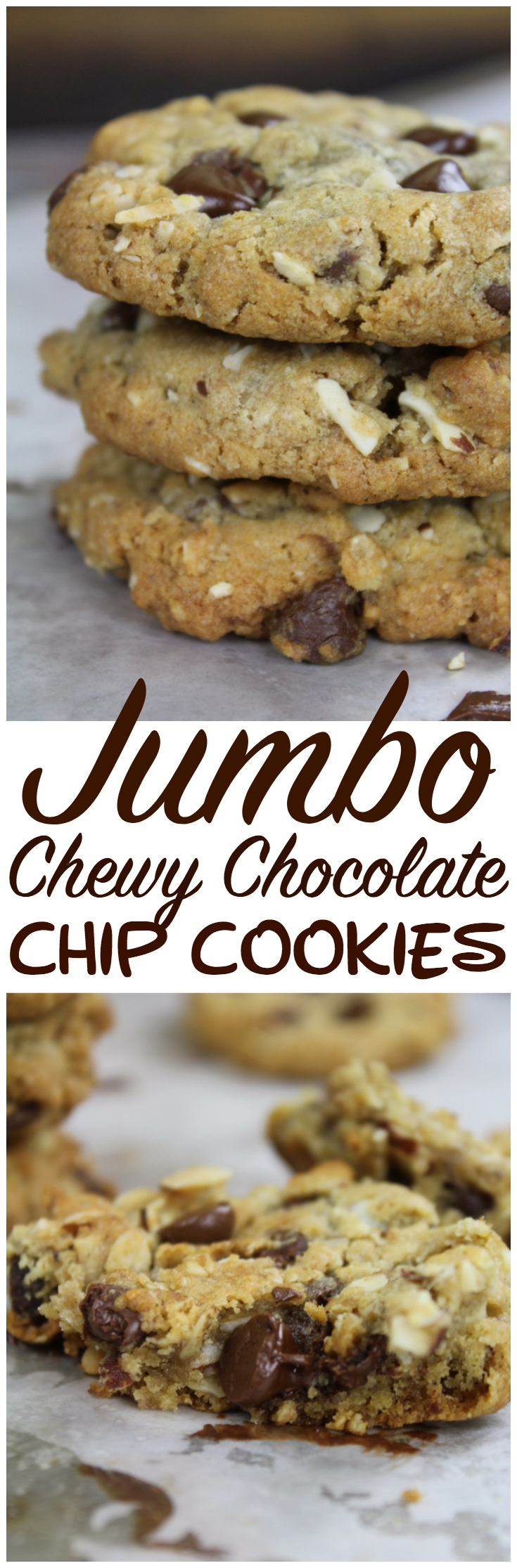 Wonderfully large, chewy, gooey jumbo size chocolate chip cookies that are perfectly chewy and perfect with a tall glass of cold milk! #chocolatechip #cookies 