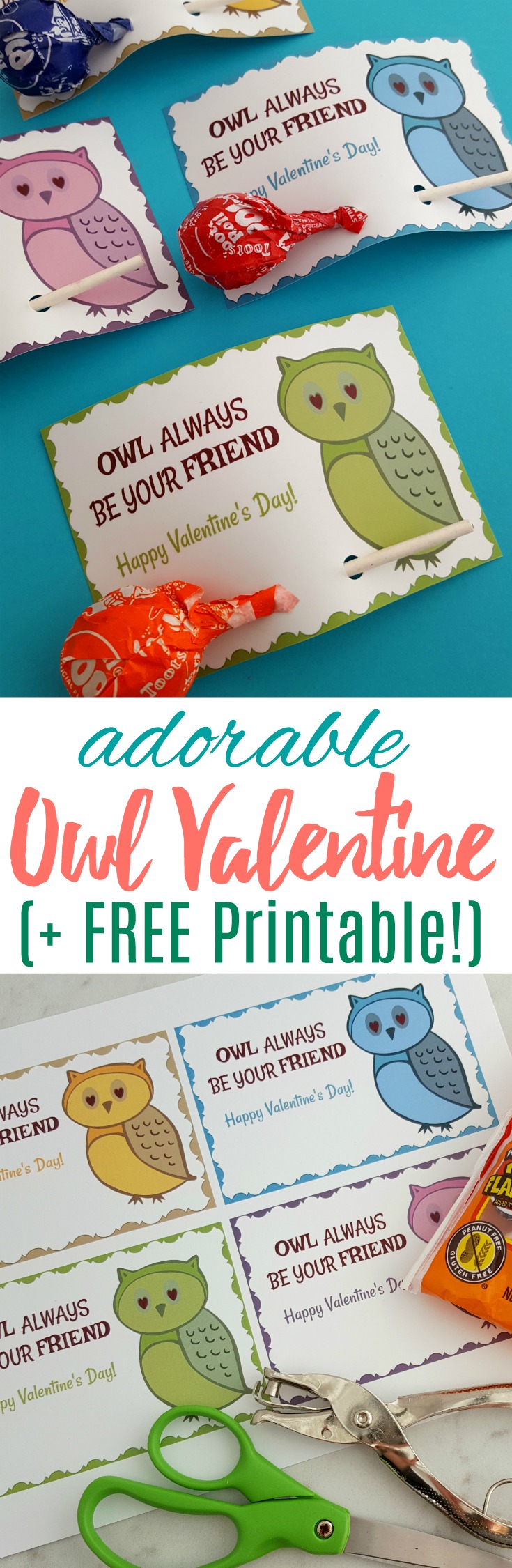 Grab these free Owl printable Valentine's Cards and attach a tootsie roll pop - they'll be a big hit for your child's next Valentine's party!