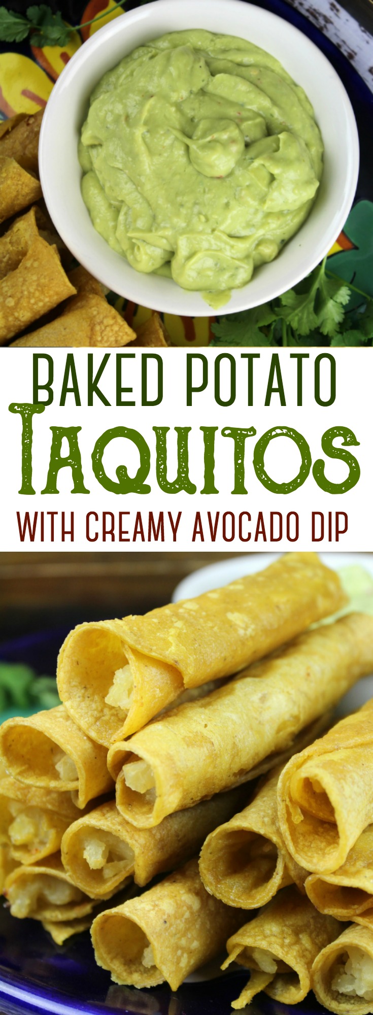 These baked potato taquitos are a wonderful meatless meal opportunity - easy to put together and delicious with creamy avocado dip!   #potatoes #meatless #avocado #taquitos #vegetarian #vegan #baked