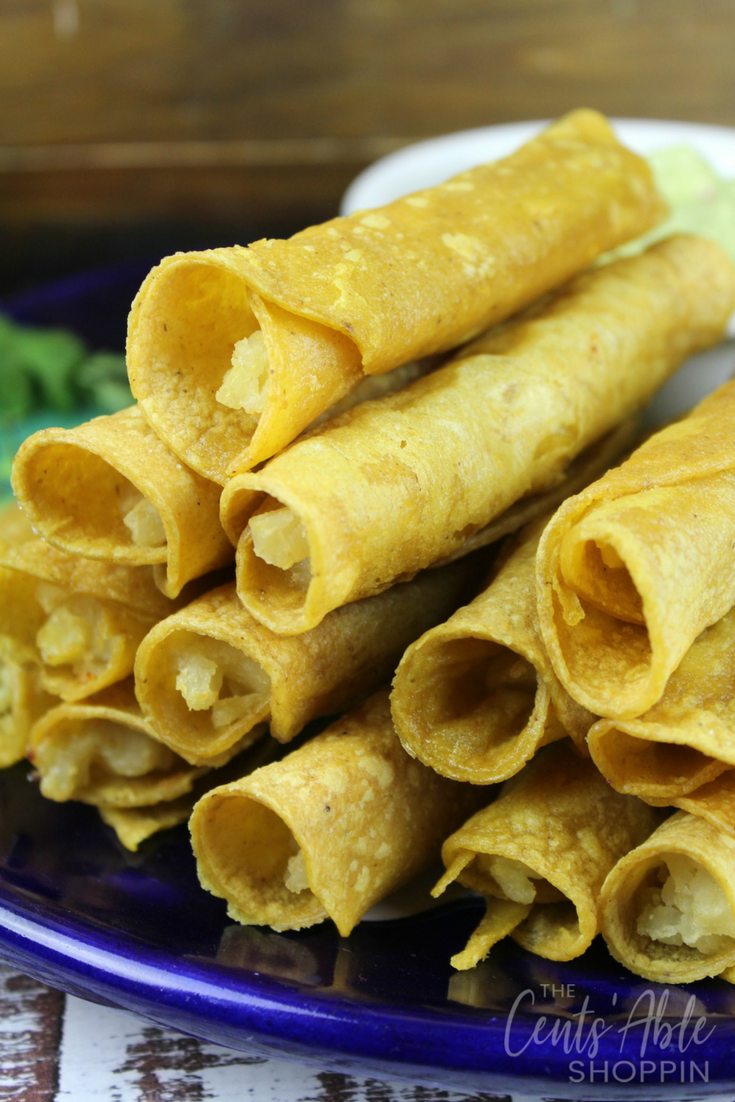 These baked potato taquitos are a wonderful meatless meal opportunity - easy to put together and delicious with creamy avocado dip!