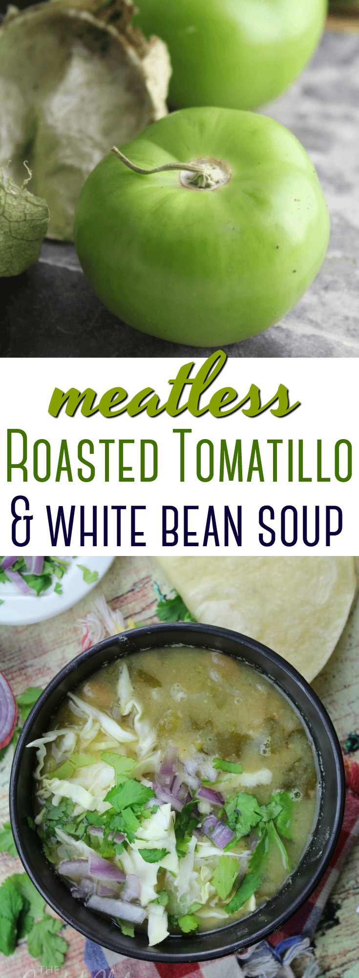 This Roasted Tomatillo and Bean soup is easy to throw together quickly for a flavorful, hearty Mexican-inspired meatless meal! #Mexican #tomatillo #meatless #soup #healthy