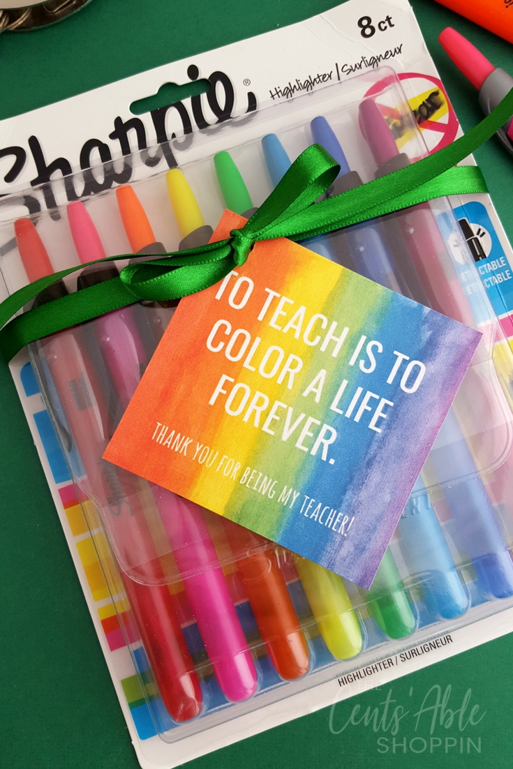 "To Teach is to Color a Life Forever" Teacher Appreciation Gift Tag Printable - perfect to add to a bouquet or package of markers, highlighters or brightly colored pens! #printable #teacher #teacherappreciation #teachergift #teaching #education 