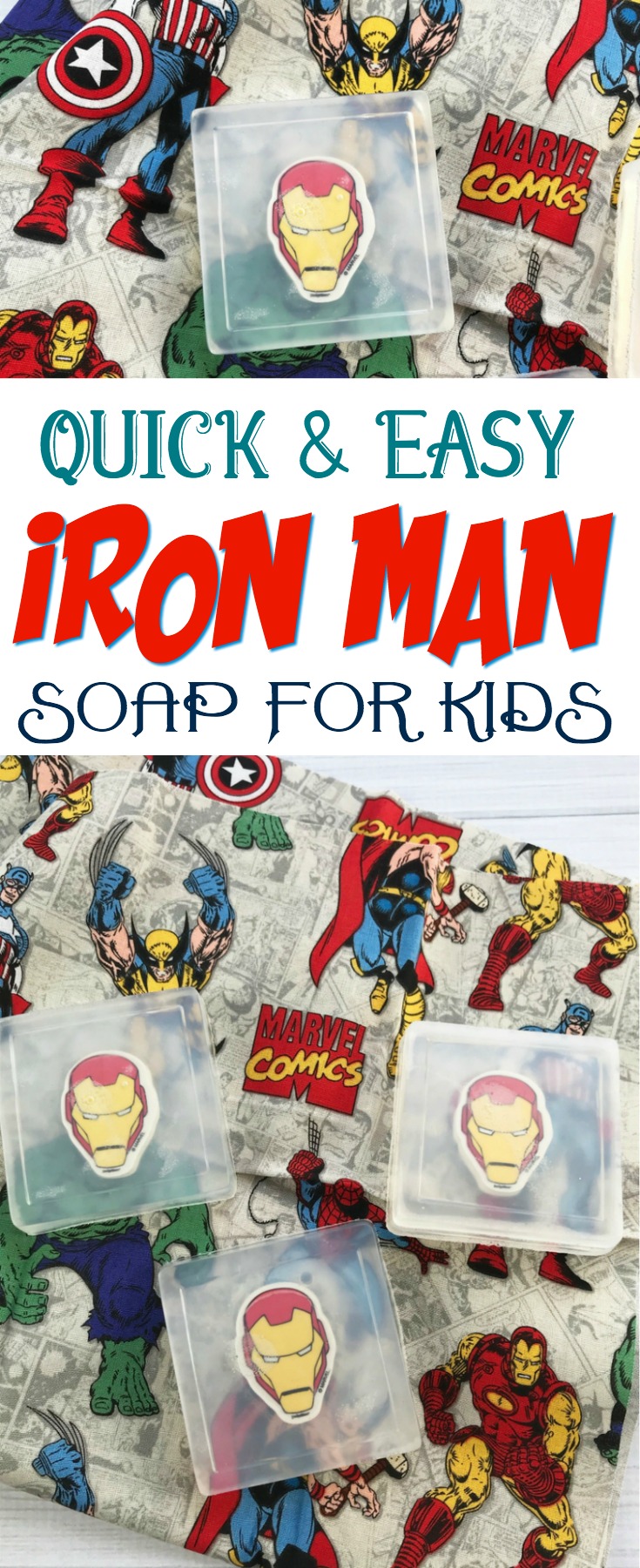 These simple Iron Man Soaps for Kids are perfect for party favors at parties and even for students! #soap #IronMan #birthdayparty #favors #homemadegift #kidssoap #kidspartyfavors #Marvelcomics