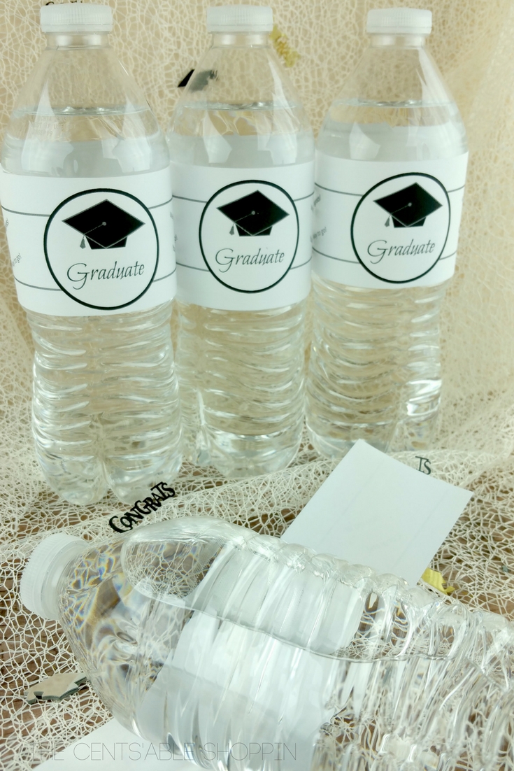 Graduation Water Bottle Wraps: Do you have a child or friend that is graduating? These graduation water bottle labels are an easy and inexpensive way to decorate on a budget!  Grab the printable for your next graduation party!  #graduation #label #printable #gradparty #graduationparty #waterbottle #budget #inexpensive