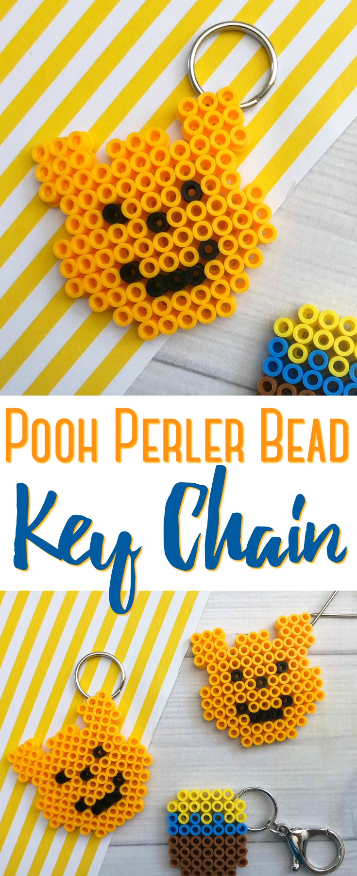 This Pooh Perler Bead Keychain is simple to make and surprisingly cute to make year round! They are a fun way to keep kids busy on hot or rainy days!      #keychain #keys #pooh #winniethepooh #perler #bead