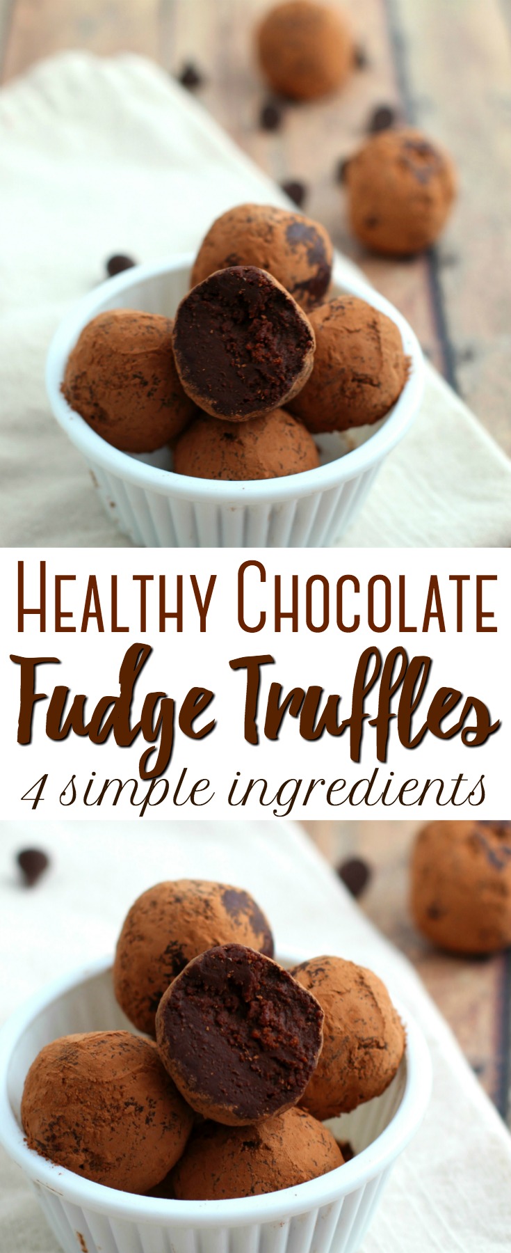These Healthy Chocolate Fudge Truffles taste like heaven in a bite size snack! They are made quite easily with 4 simple ingredients!