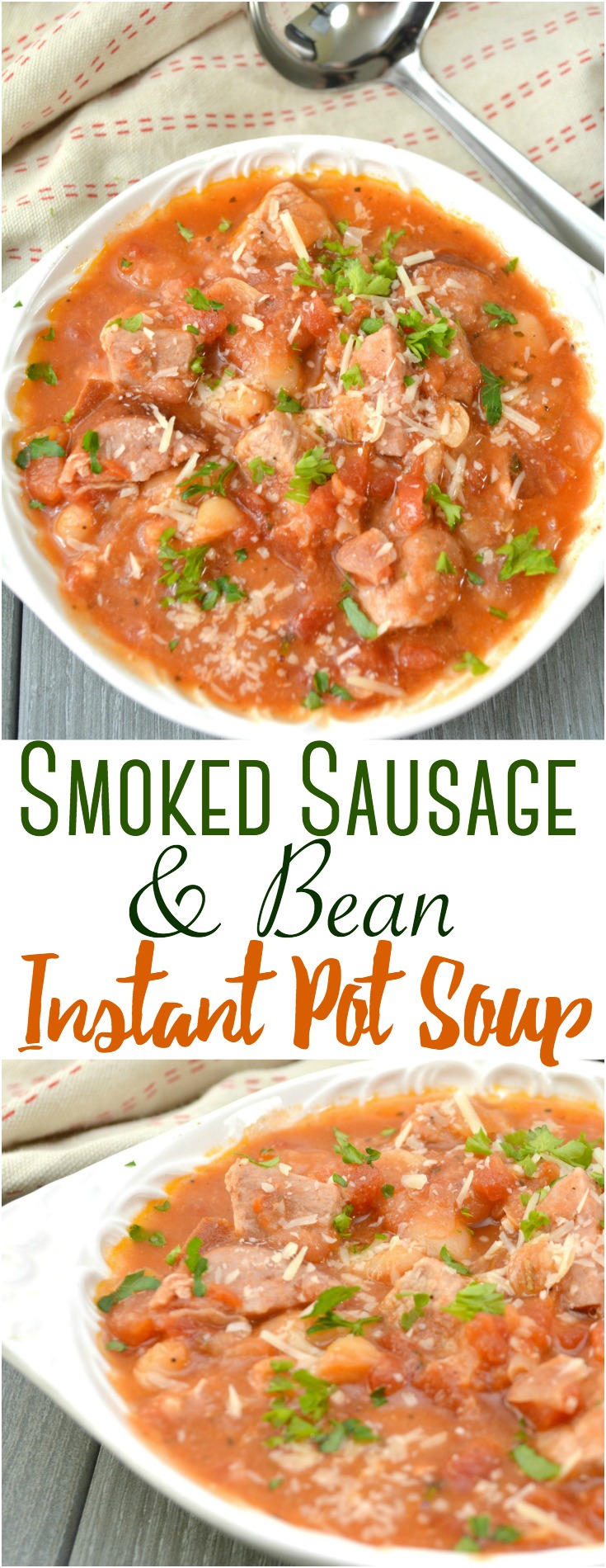 This easy yet hearty Pork, Smoked Sausage and Bean Instant Pot soup comes together quickly and easily for busy weeknights! 