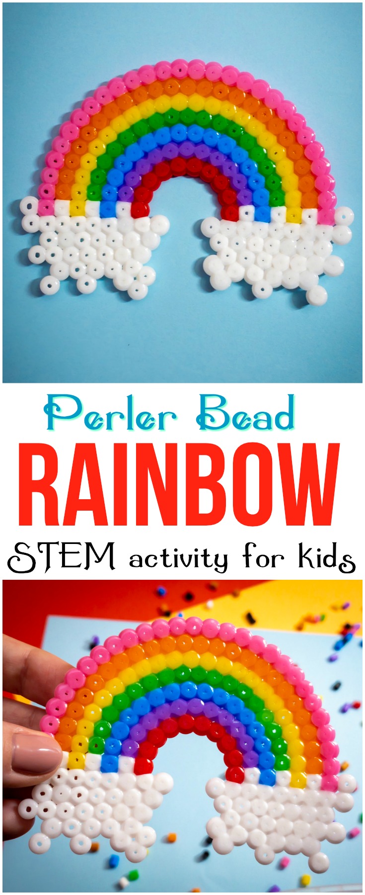 This perler bead rainbow will help kids develop fine motor skills, patience and artistic design while making a cute craft that's fun and colorful! #perler #perlerbead #rainbow #rainbowcraft #kids #craft #STEM