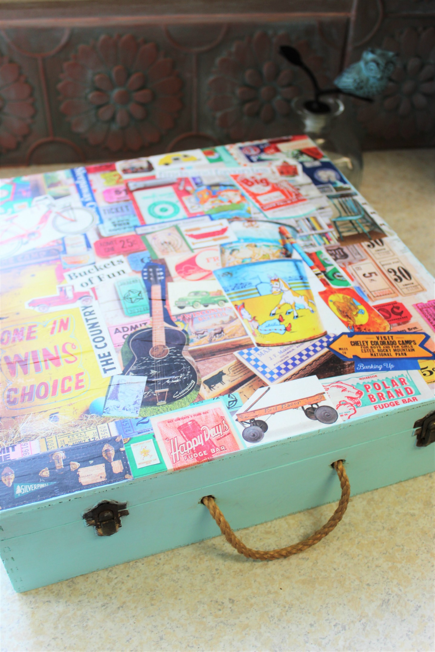 Decoupage Wood Box \\ This decoupage wood memory box combines your favorite inspirational art to create a one-of-a-kind keepsake to store vacation memories or momentos.