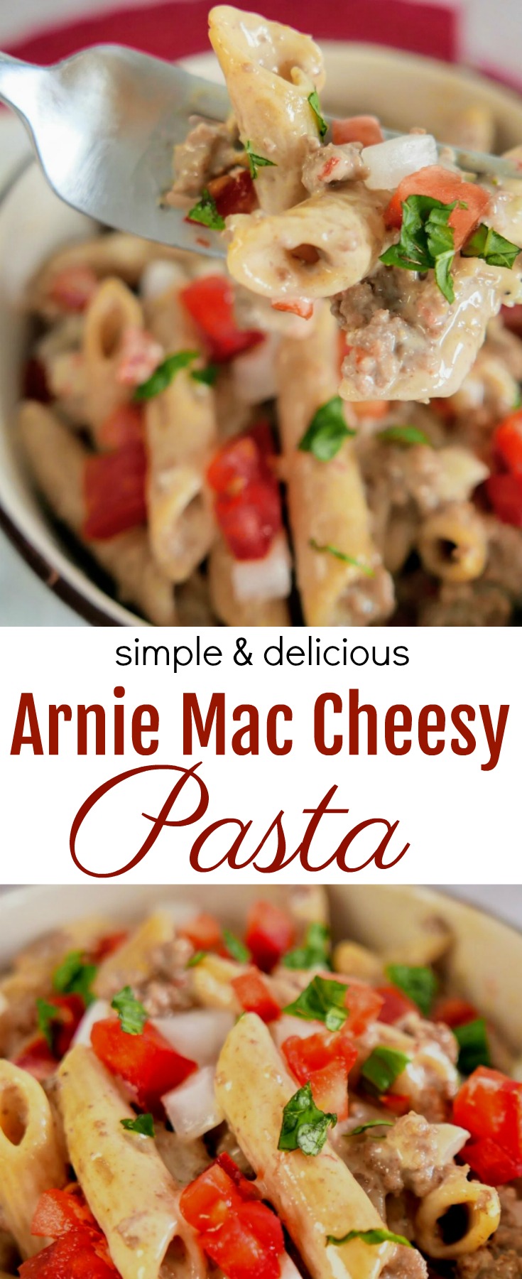 Creamy cheesy sauce wraps around penne pasta and ground beef to make this delicious Arnie Mac Cheesy Pasta – it’ll be a new family favorite!