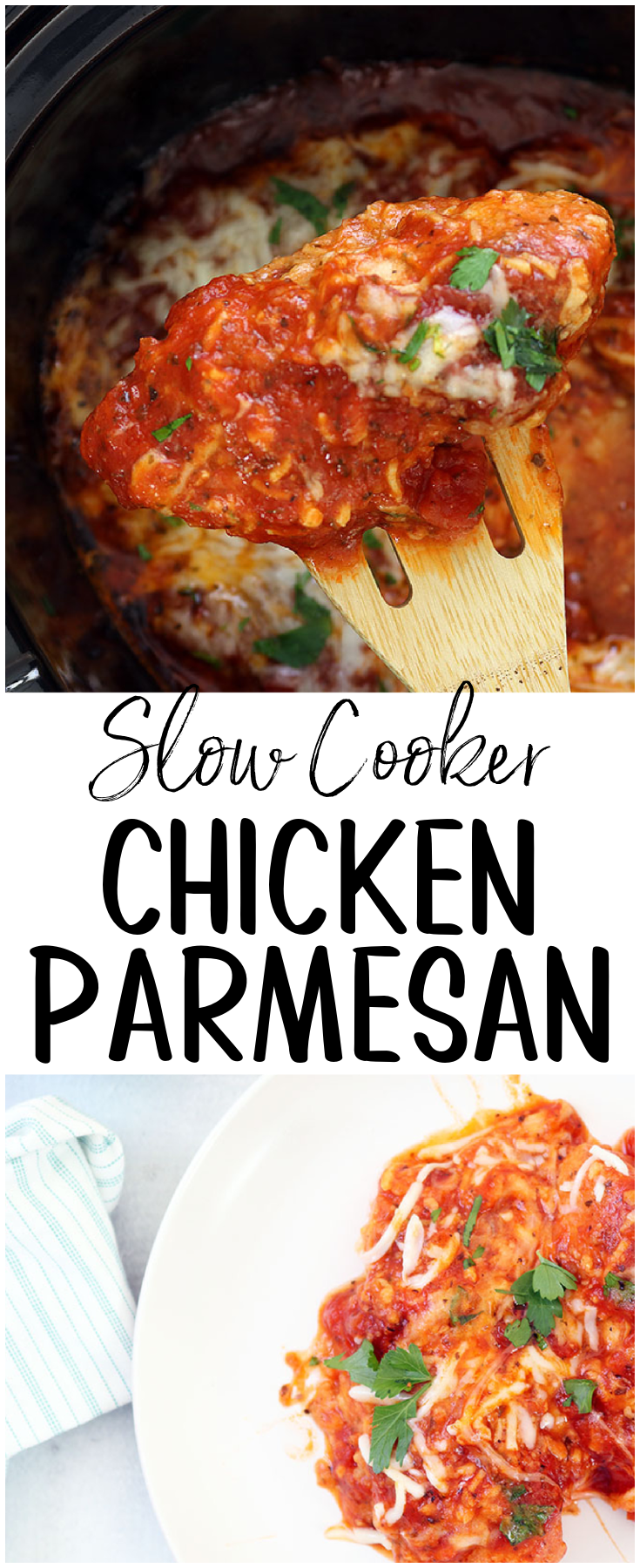 Warm, comforting Slow Cooker Chicken Parmesan - made with simple ingredients in your slow cooker for a meal that comes together with minimal effort!