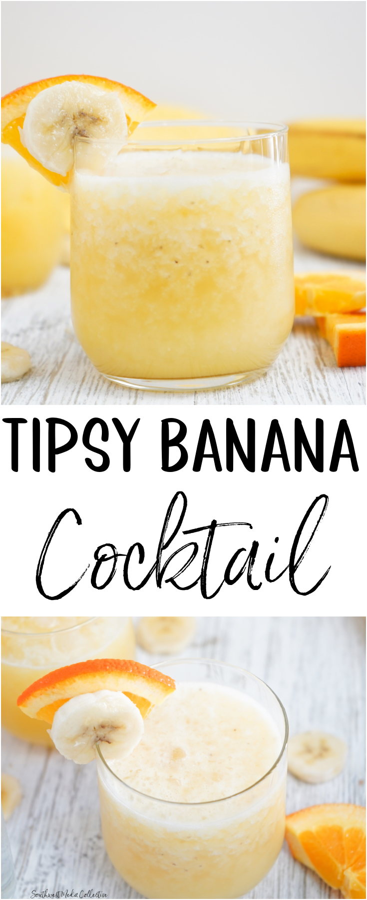 Tipsy Banana Cocktail made with 4 ingredients that come together with ice for a bright and cheery cocktail to bring on warmer weather!