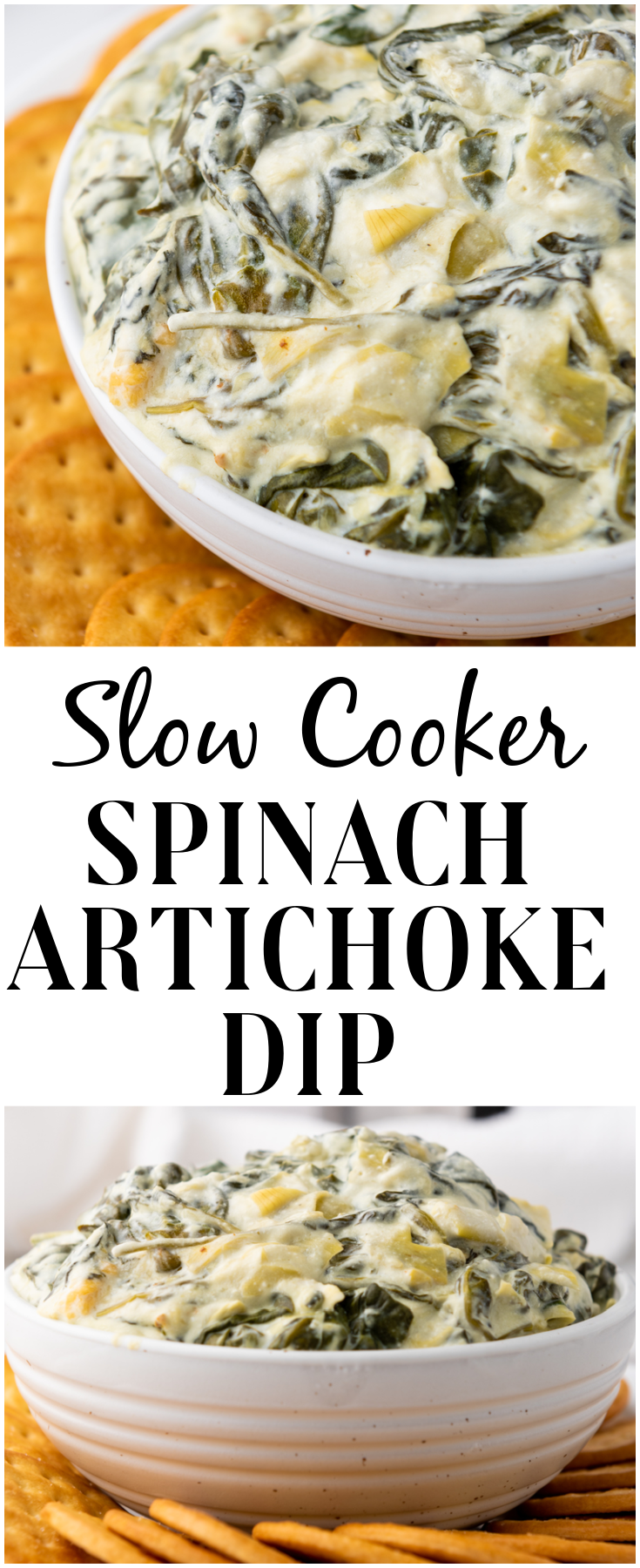Slow Cooker Spinach Artichoke Dip is always a favorite at parties and get togethers. Make it with just a few simple ingredients in your slow cooker or crockpot for an easy way to feed a crowd.  #spinach #artichoke #dip #slowcooker #crockpot