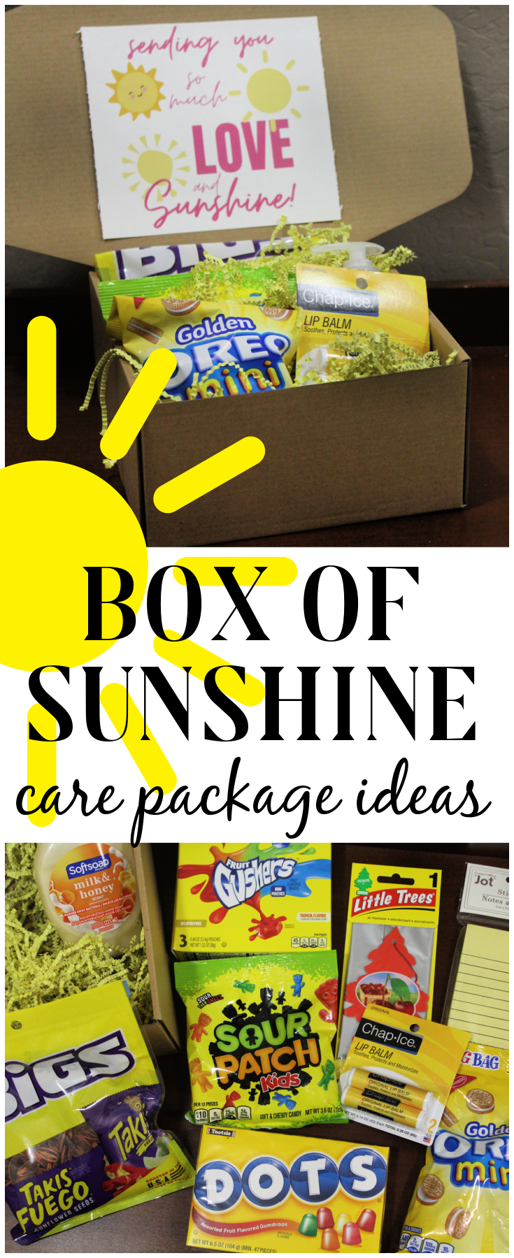  Brighten up someone's day with this Box of Sunshine Yellow Care Package - full of yellow-themed ideas from candy to beauty items, post-it notes and more!  #sunshine #yellow #Care #package #love #box