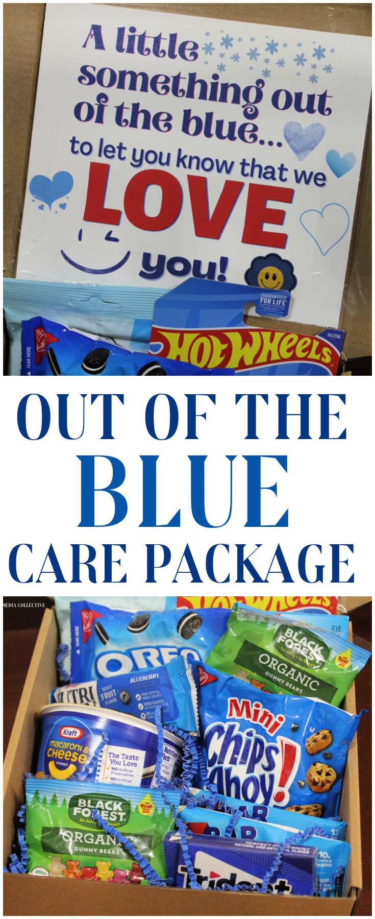 A little something out of the blue care package with blue-themed ideas from candy to beauty items, post-it notes and more!